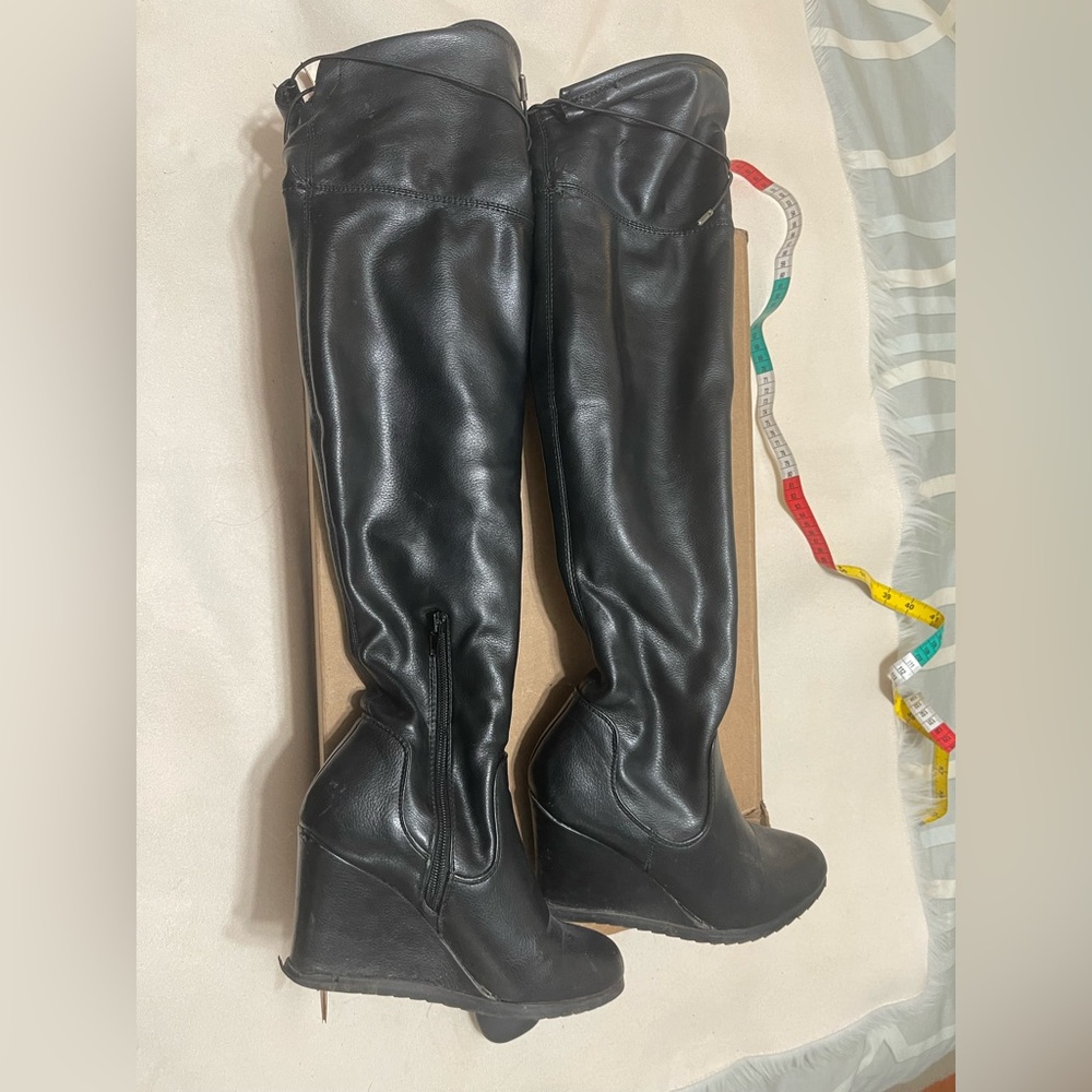 Black Knee-High Wedge Boots
